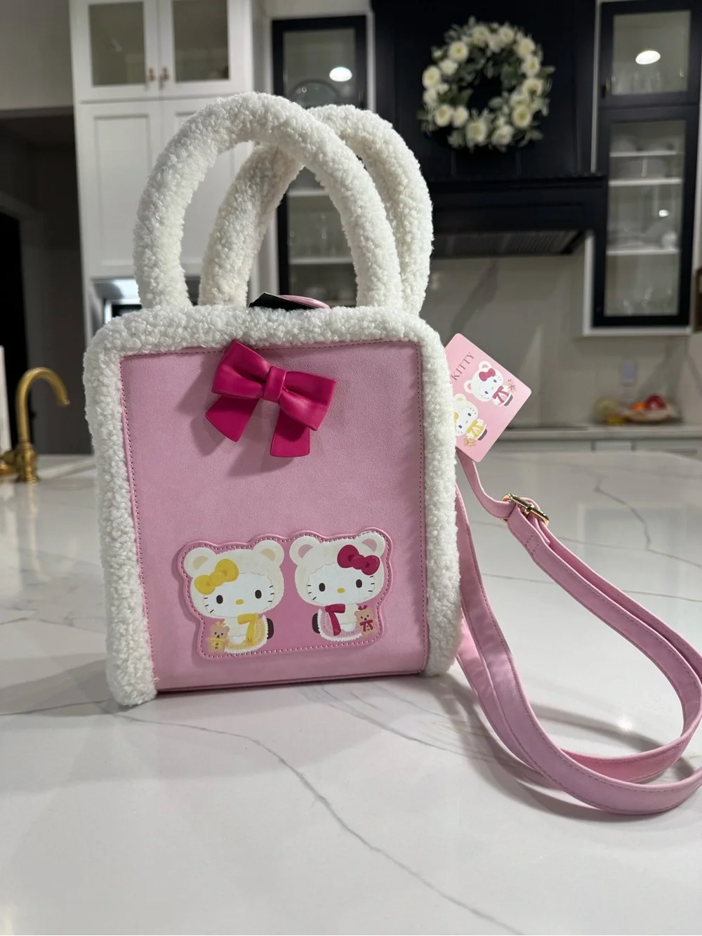 Hello Kitty Pink Plush-Trim Crossbody Bag with Bow